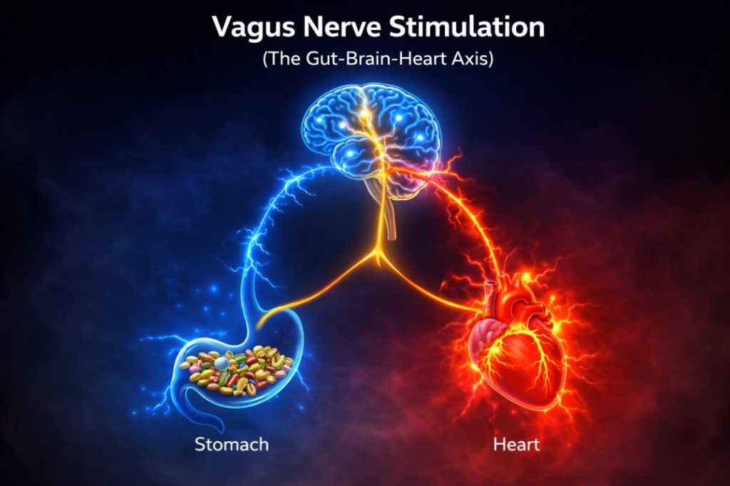 Diagram showing the vagus nerve connecting the stomach and heart, explaining postprandial tachycardia.