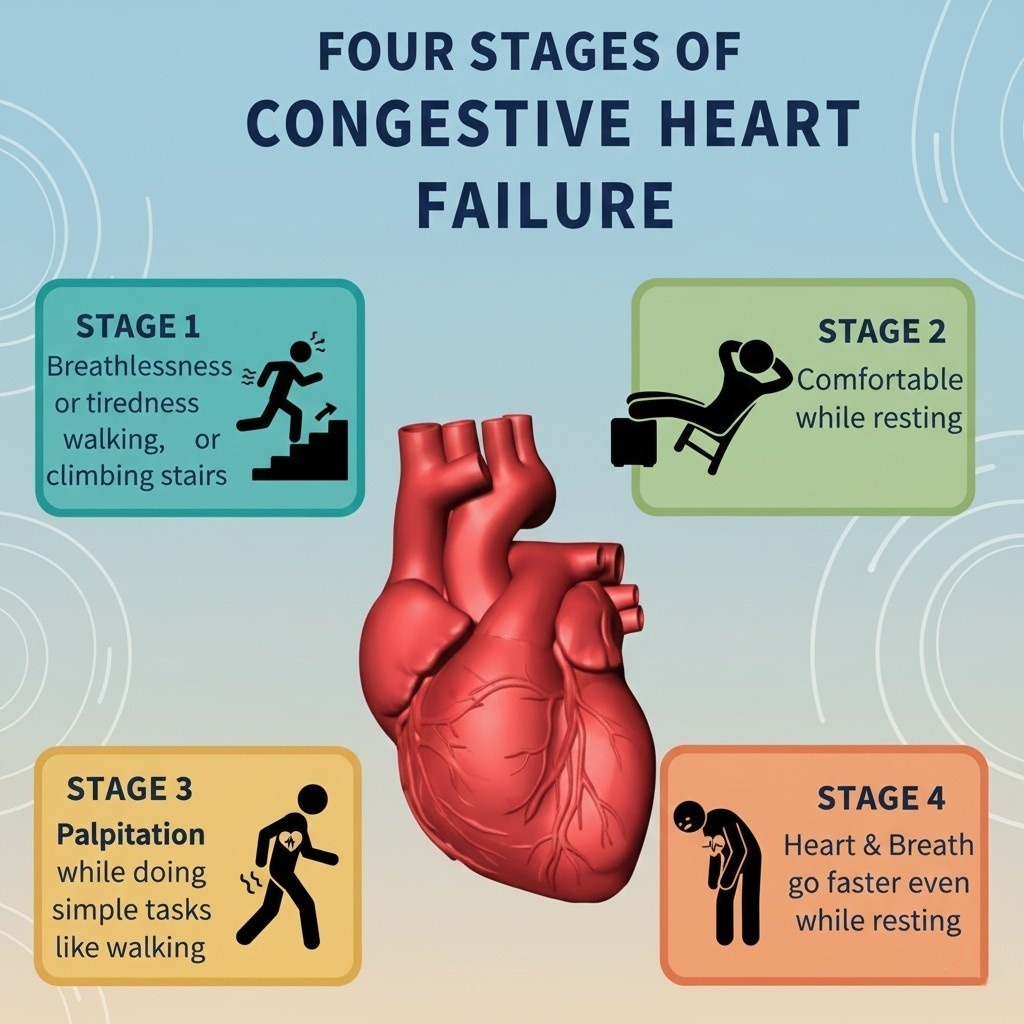What are the 4 stages of congestive heart failure?, stages of congestive heart failure, what is stage 4 congestive heart failure