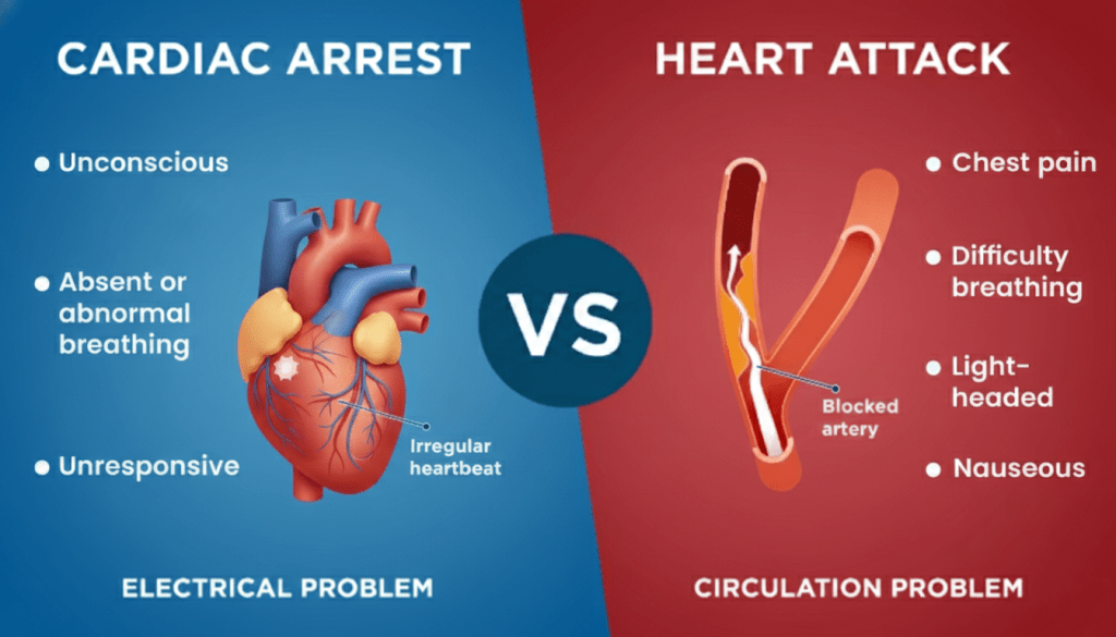 cardiac arrest vs heart attack, what's the difference between a heart attack and cardiac arrest, what's the difference between cardiac arrest and a heart attack