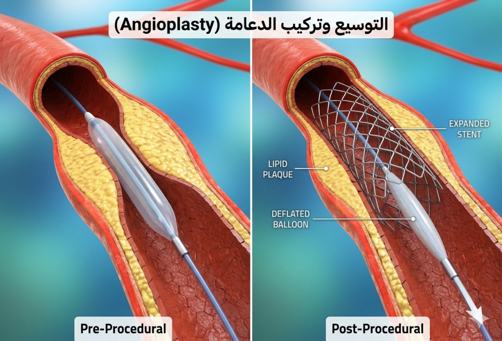 صورة توضح مرحلة تركيب الدعامات في القسطرة القلبية بالصور